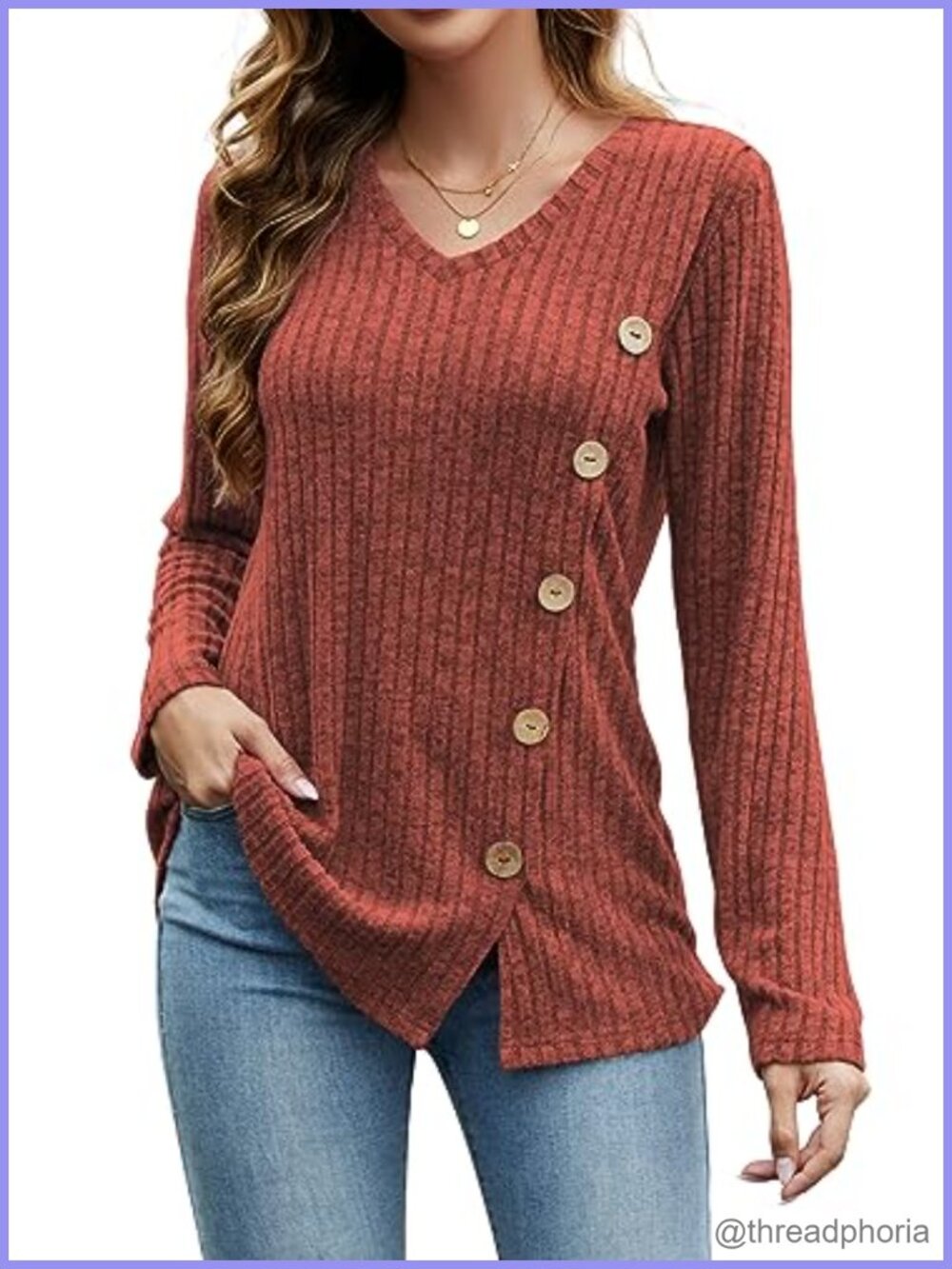 Dimur Women's Long Sleeve Tunic Top V-Neck Button Side Loose Fit Sweater